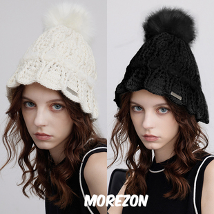 MOREZON【black imagine6】24秋冬新款大毛球羊毛手钩花朵毛线帽