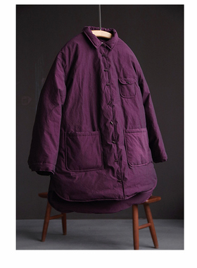 冬季新品齐紫色高密长绒棉翻领单排扣宽松白鹅绒羽绒衬衫外套棉衣