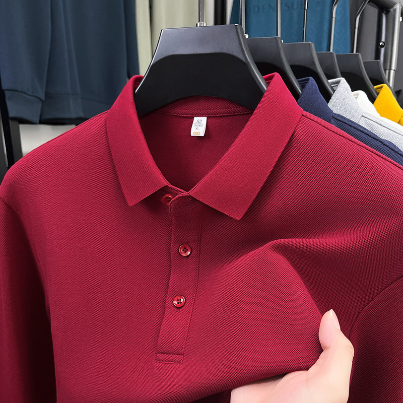 中年男士长袖t恤100%纯棉翻领POLO衫喜公公爸爸婚宴装打底衫全棉