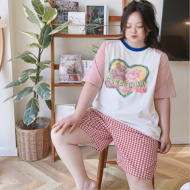 阿乐乐大码胖mm200斤睡衣女夏季纯棉短袖套装宽松休闲外穿家居服