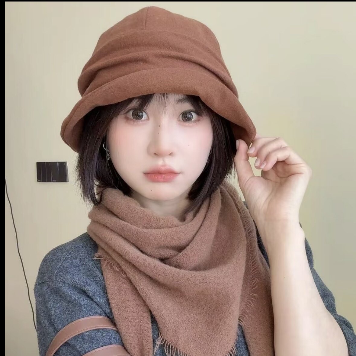 日韩出口秋冬新款羊毛呢渔夫帽子高级感显脸小褶皱堆堆盆帽小众