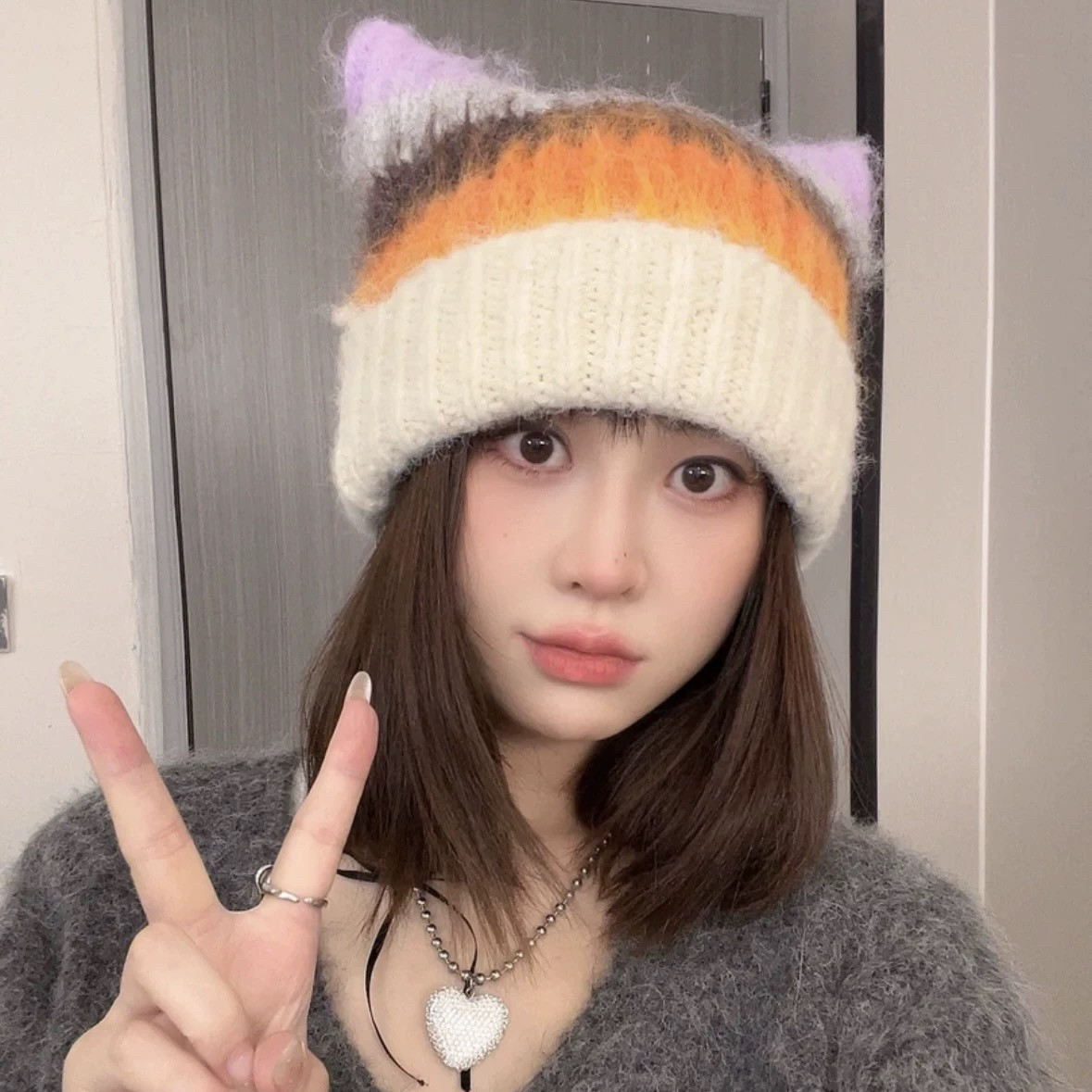 猫耳朵帽子针织帽新款长毛拉毛可爱保暖秋冬毛绒毛线帽女条纹拼接