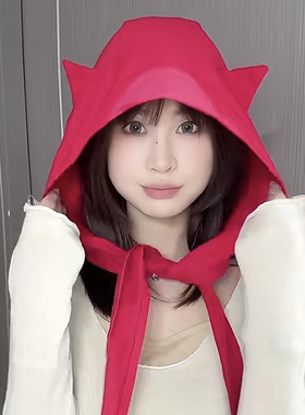 红色小恶魔防晒帽女绑带速干遮阳防晒带耳朵可爱帽子百搭夏季薄款