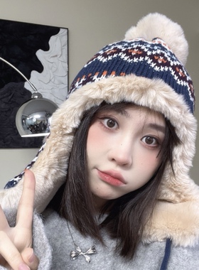 冬季加厚加绒保暖雷锋帽子女针织提花图案护耳帽东北户外百搭休闲