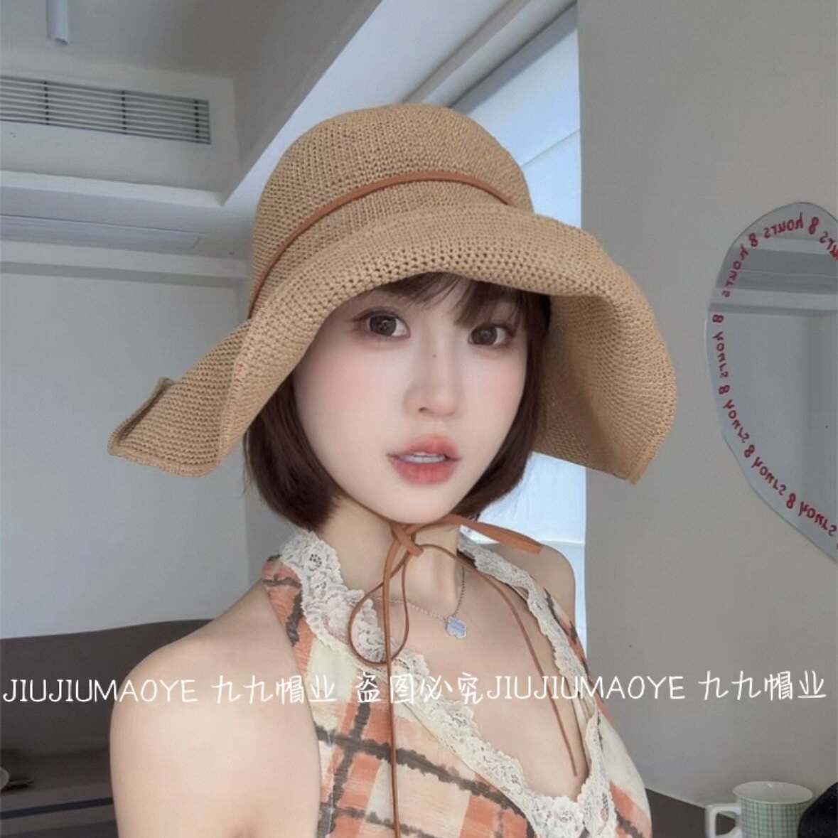 草帽蝴蝶结波浪大帽檐透气女遮阳帽子韩版荷叶边夏编织度假沙滩帽