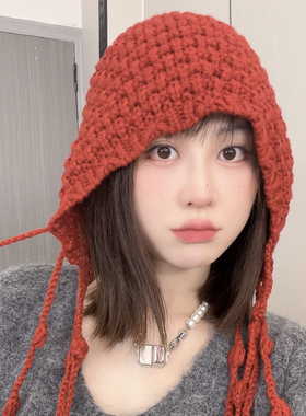 秋冬保暖护耳毛线帽子女甜美气质小仙女流苏针织帽休闲时尚包头帽