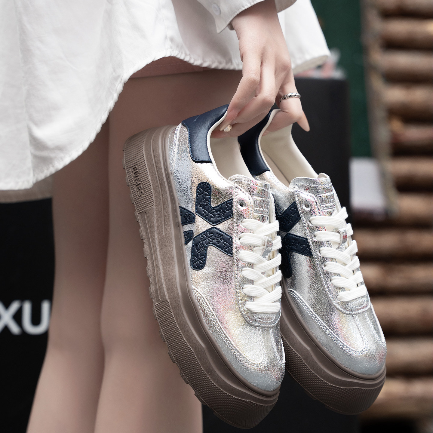 LUMES&YHGM增高牛皮德训鞋女春季2026款厚底百搭显脚小休闲阿甘鞋