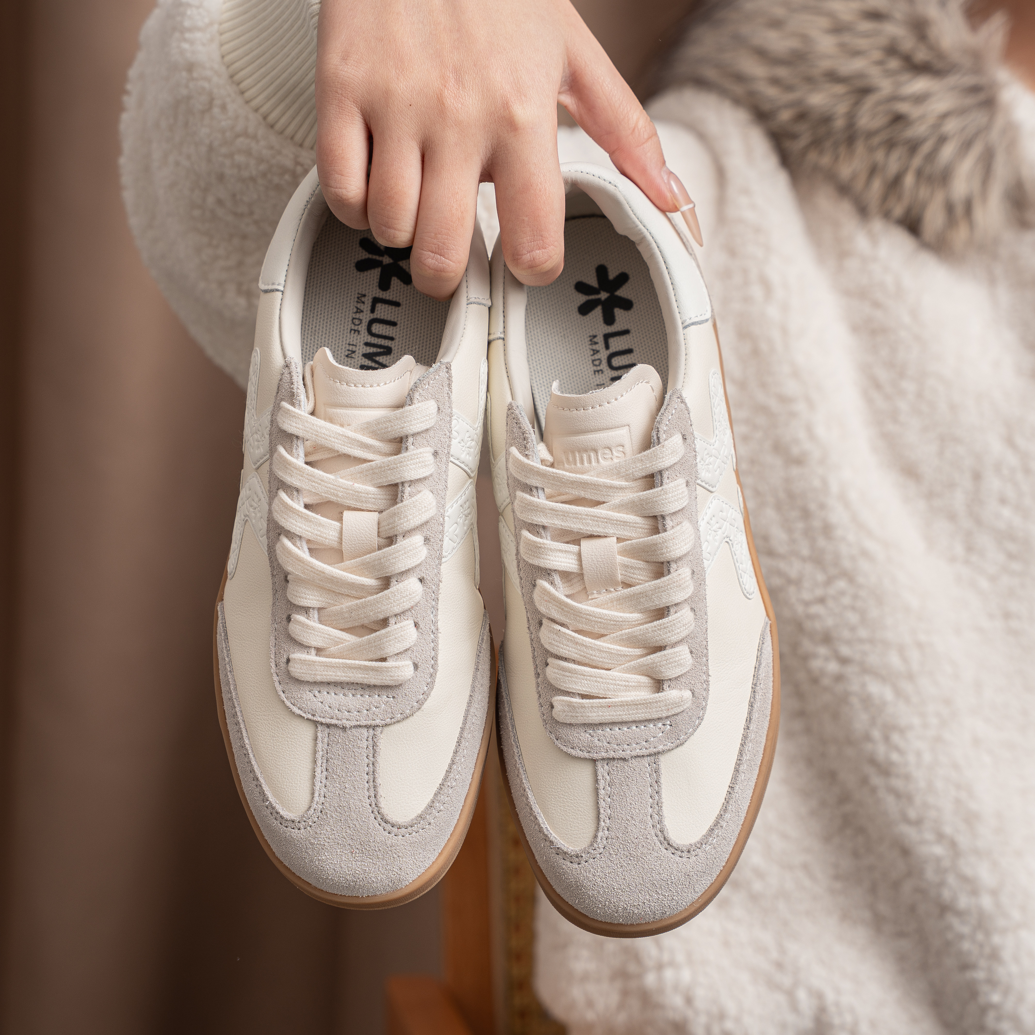 LUMES&YHGM原创平底德训鞋女2026早春新款复古百搭牛皮休闲运动鞋