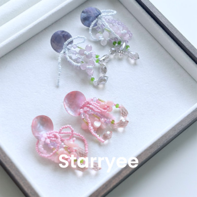 Starryee贝壳流苏串珠花朵耳钉女