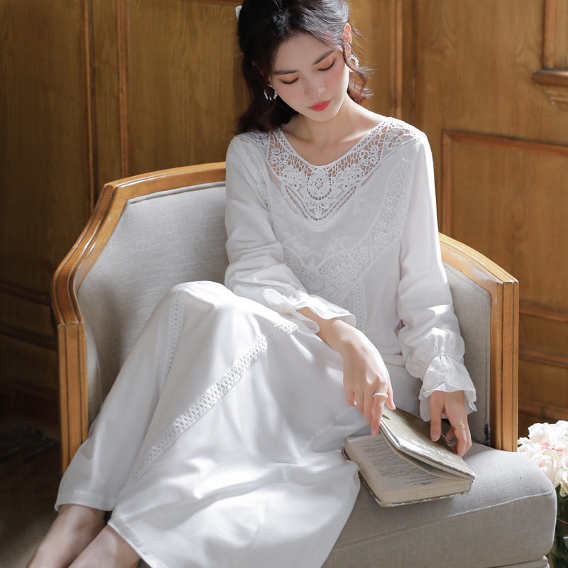 2024春秋新款复古睡裙纯棉宽松版公主风睡衣长袖长裙高级白色晨袍