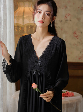 春秋复古宫廷风黑色睡衣蕾丝纱法式大码晨袍长袖性感长款睡裙夏女