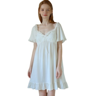 纯棉带胸垫睡裙少女纯欲 短袖 睡衣白色连衣裙网红宫廷风公主裙夏季