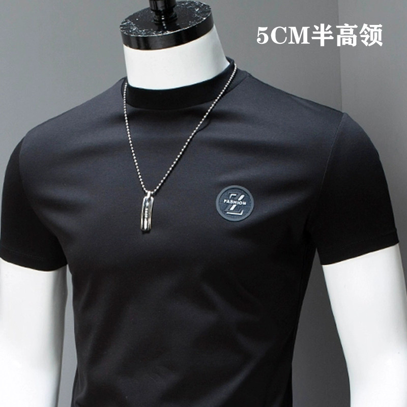 双丝光棉男装美式高圆领短袖T恤绣标男小高领半袖打底衫修身上衣