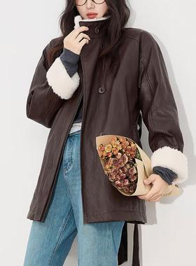 25秋冬复古美拉德立领加绒保暖皮衣撞色毛领中长款风衣外套25635