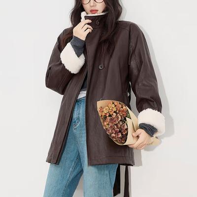 25秋冬复古美拉德立领加绒保暖皮衣撞色毛领中长款风衣外套25635