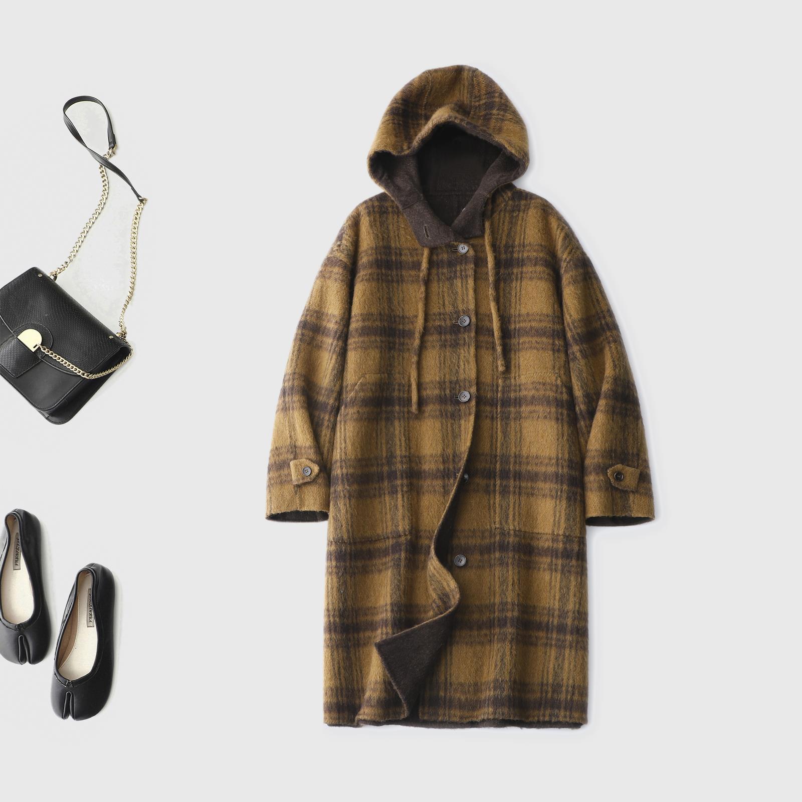 咖格纹连帽立领双面呢大衣冬新款长款羊毛双面呢演绎复古休闲风尚