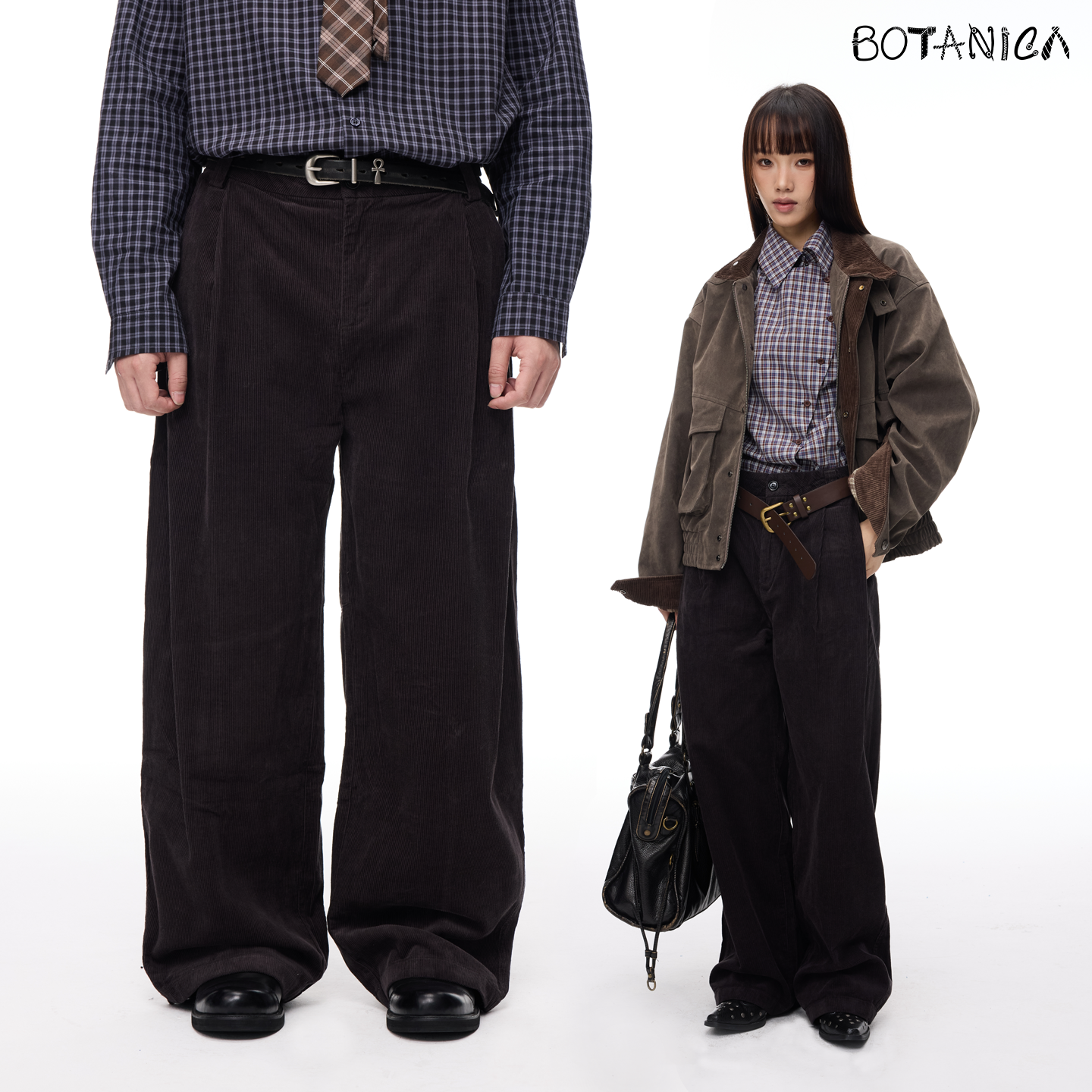 Botanica美式复古黑灰色灯芯绒长裤男女秋冬vibe阔腿双褶皱休闲裤