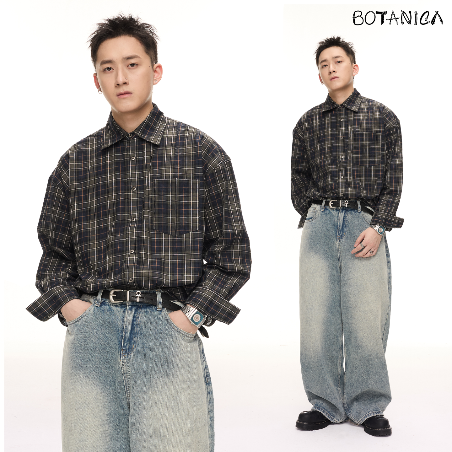 Botanica美式明绿格纹oversize衬衫男newvintage新复古风长袖上衣