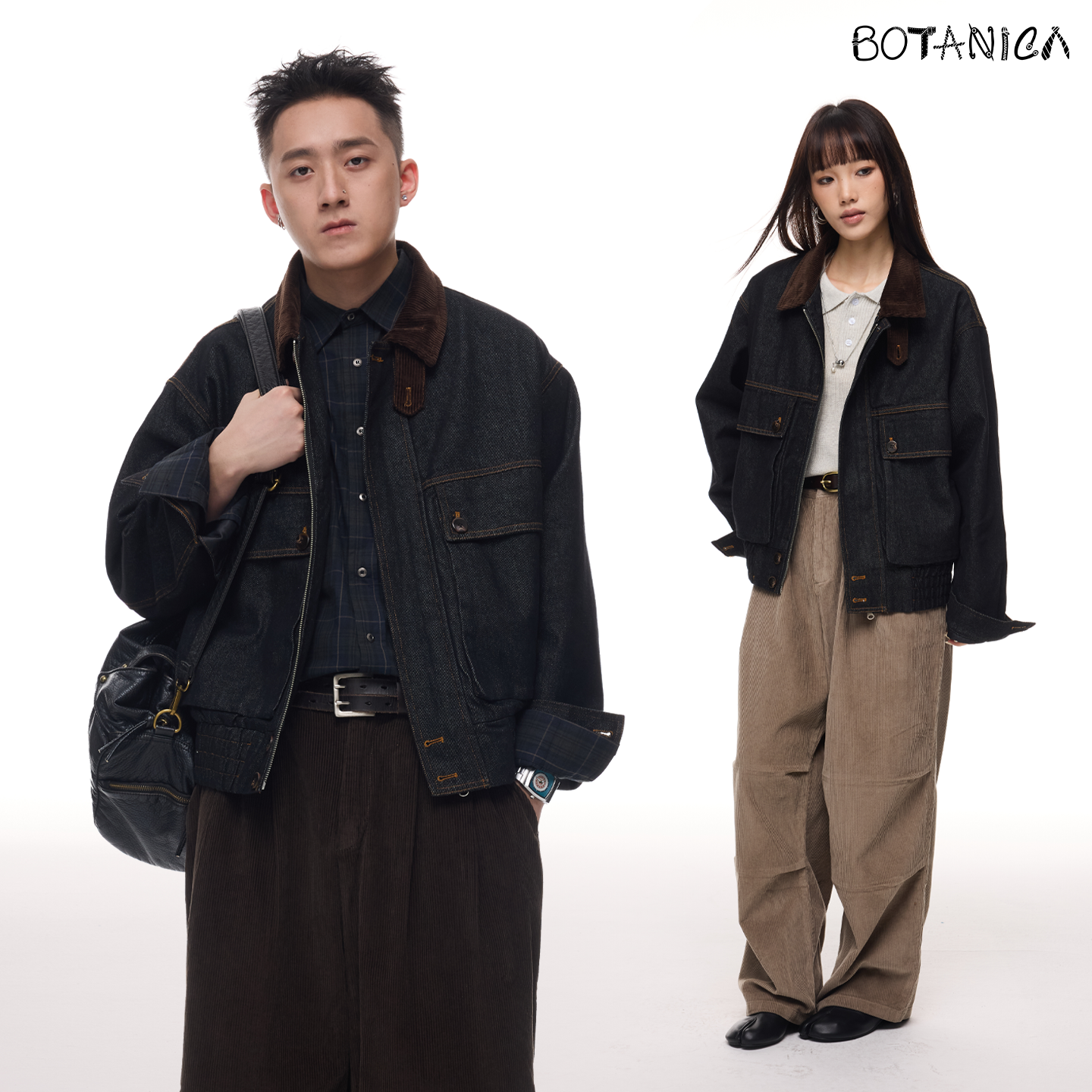 Botanica美式复古拼接灯芯绒翻领夹克黑色cleanfit做旧短款外套