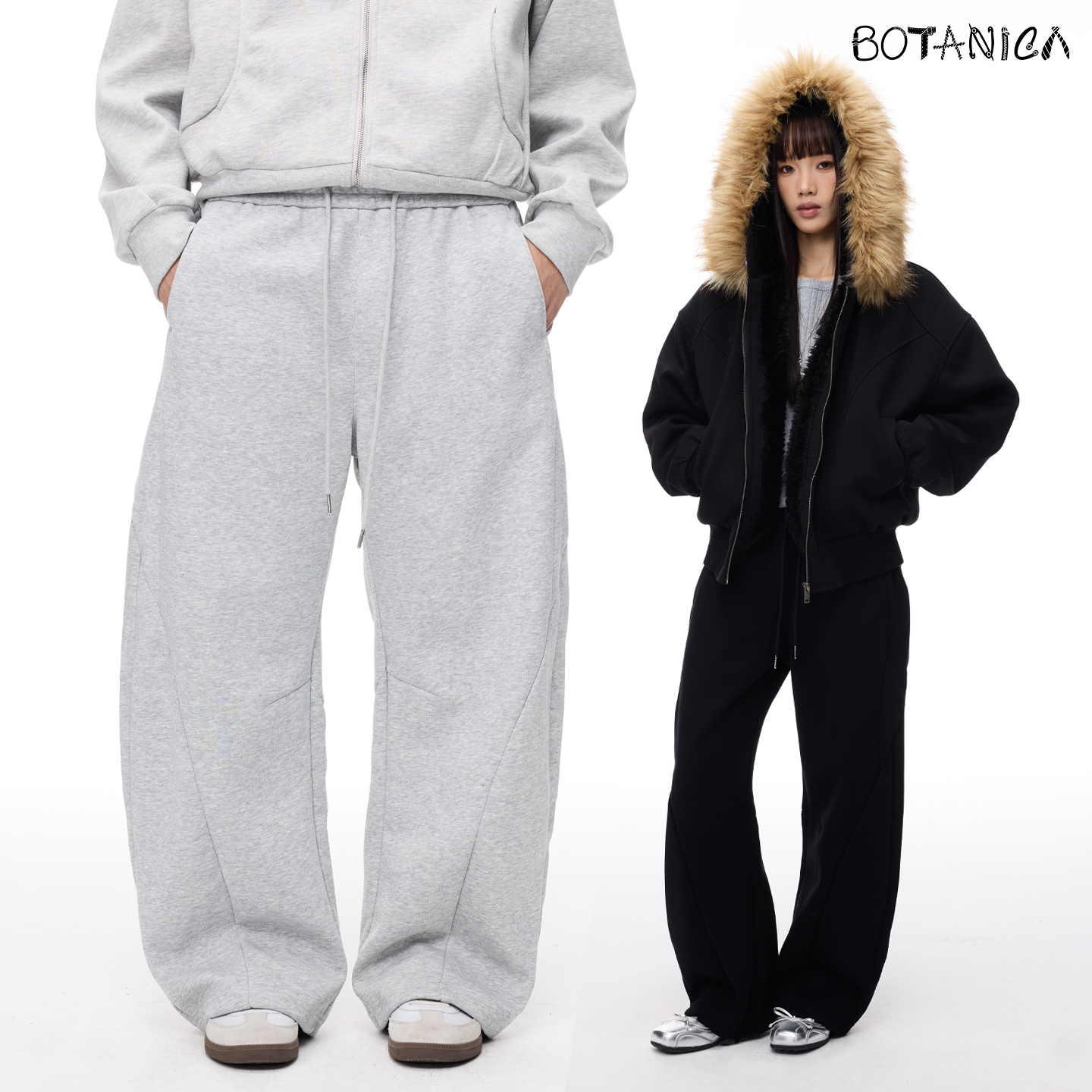 Botanica解构美式复古弯刀微喇卫裤花灰色抽绳束脚高街阔腿休闲裤