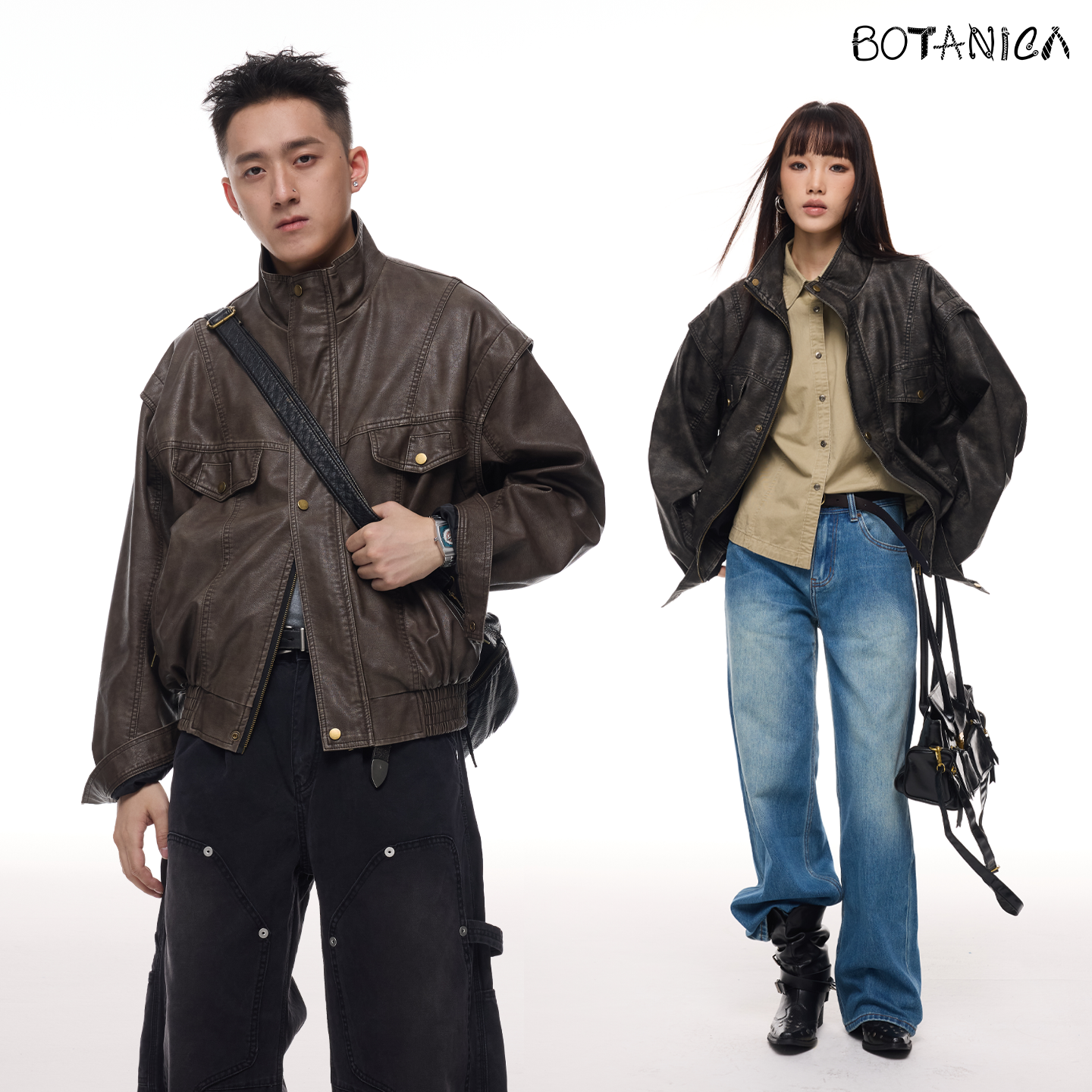 Botanica美式复古皮衣廓形机车夹克咖色美拉德擦色cleanfit外套