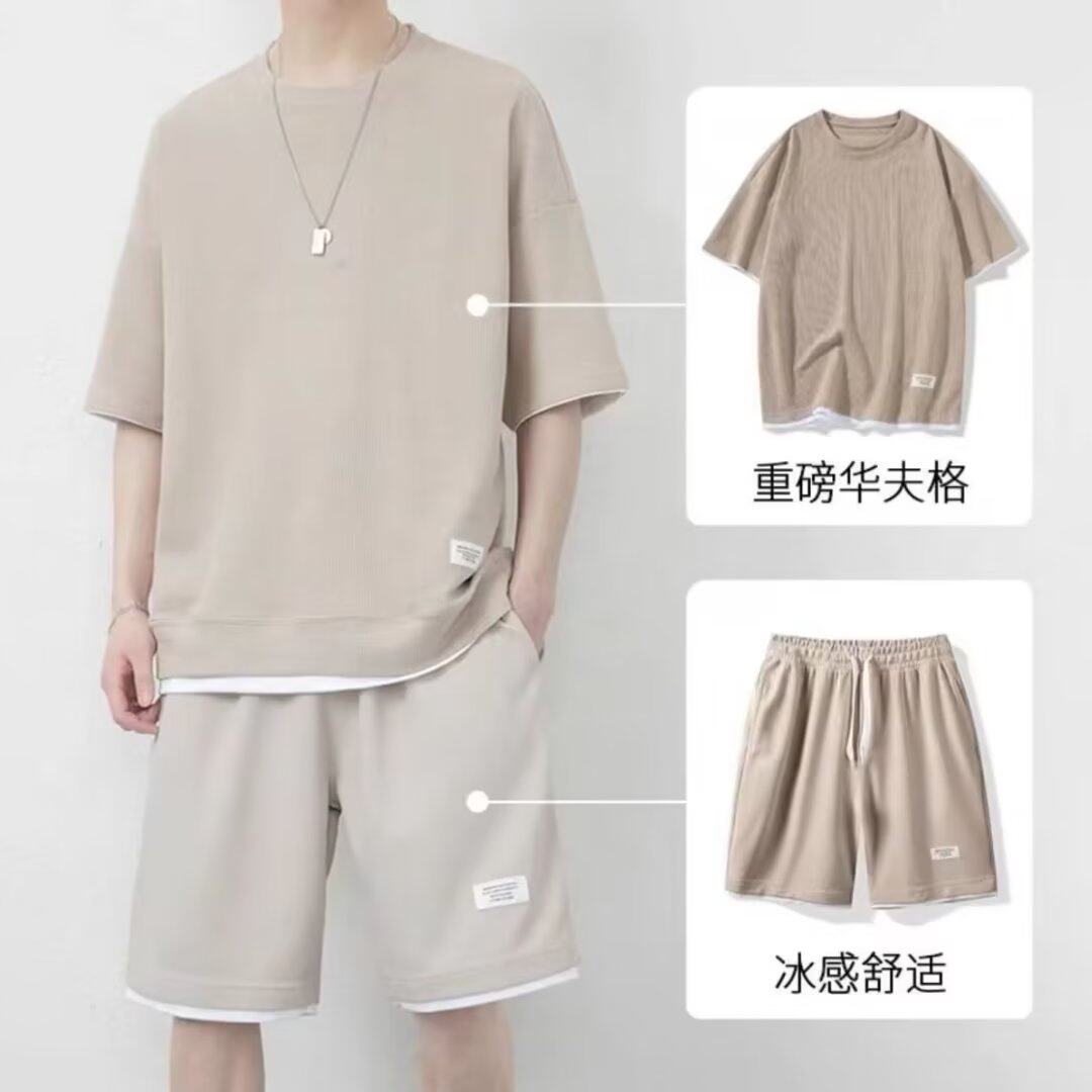 夏季新款青年男士休闲运动套装五分裤潮华夫格套装男大码TZ01-P23,男装休闲套装,星座1703A