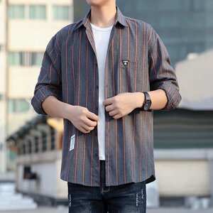 港风复古条纹衬衫男2021新款休闲秋季潮流衬衣上衣 W1296-P28图片