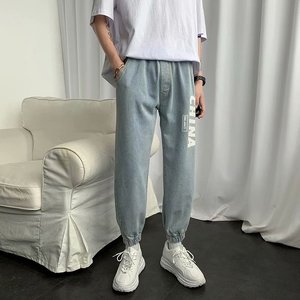 2021春季新款松紧腰牛仔裤男韩版港风直筒束脚印花长裤KN66-P30图片