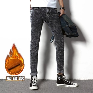 20冬装主推加绒牛仔裤男雪花灰色保暖修身小脚九分裤K06加绒-P35图片