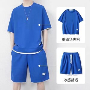 夏季新款青年男士休闲运动套装五分裤潮华夫格套装男大码TZ01-P23图片