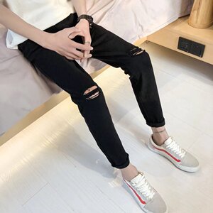 夏季青少年破洞裤子牛仔裤韩版潮流修身九分裤男士男裤小脚乞丐裤