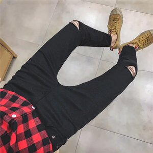 K601-P16主推款男士休闲破洞牛仔裤乞丐潮流修身小脚九分牛仔裤男图片