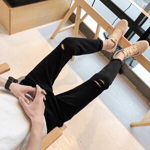 夏季青少年破洞裤子牛仔裤韩版潮流修身九分裤男士男裤小脚乞丐裤图片