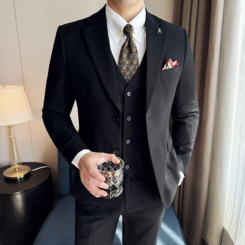 羊毛西服套装男士商务休闲西装三件套新郎结婚礼服黑SJT87-P300，男装西服套装，电商D326B（原电商D310-1）