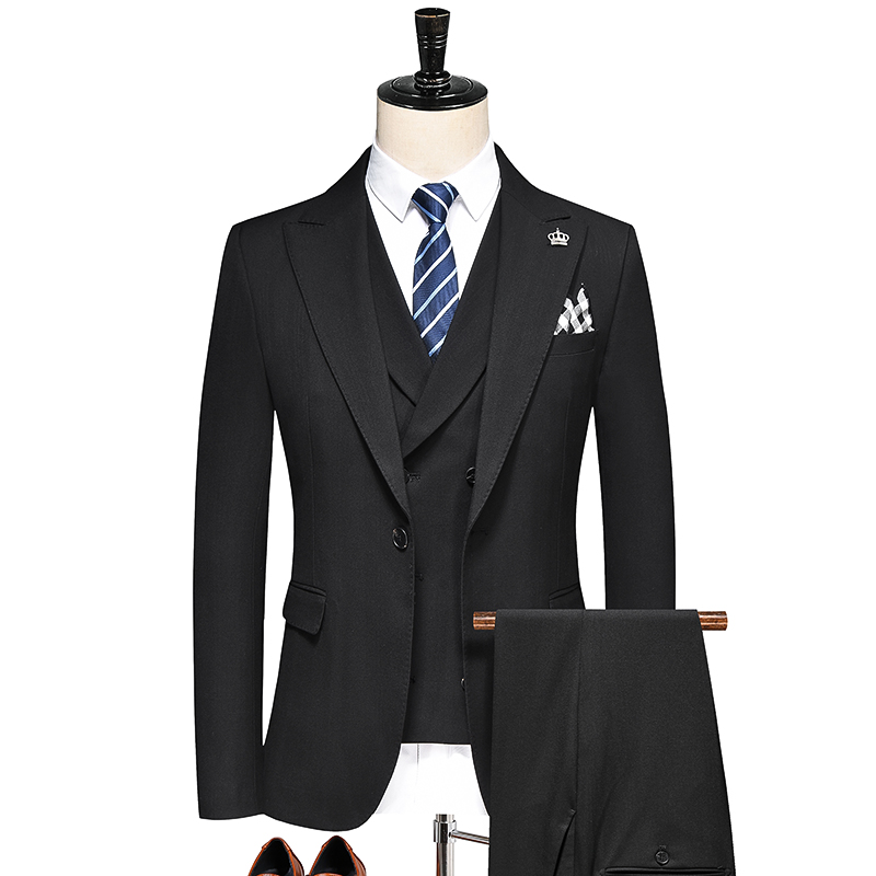 2024秋新款双开叉西服套装礼服戗驳领男西装三件套黑A41-P280，男装西服套装，电商D310-1