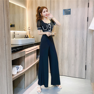 RM18201#夏时尚气质网纱拼接织带撞色洋气单排扣连体裤长裤