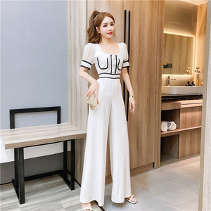 RM18201#夏时尚气质网纱拼接织带撞色洋气单排扣连体裤长裤