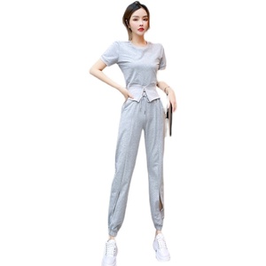 RM18232#夏季时尚网红休闲运动拉链开叉上衣镂空长裤套装