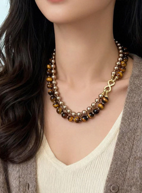 秋冬美拉德可拆分天然虎眼石高级摩卡金棕人造珍珠双层项链毛衣链
