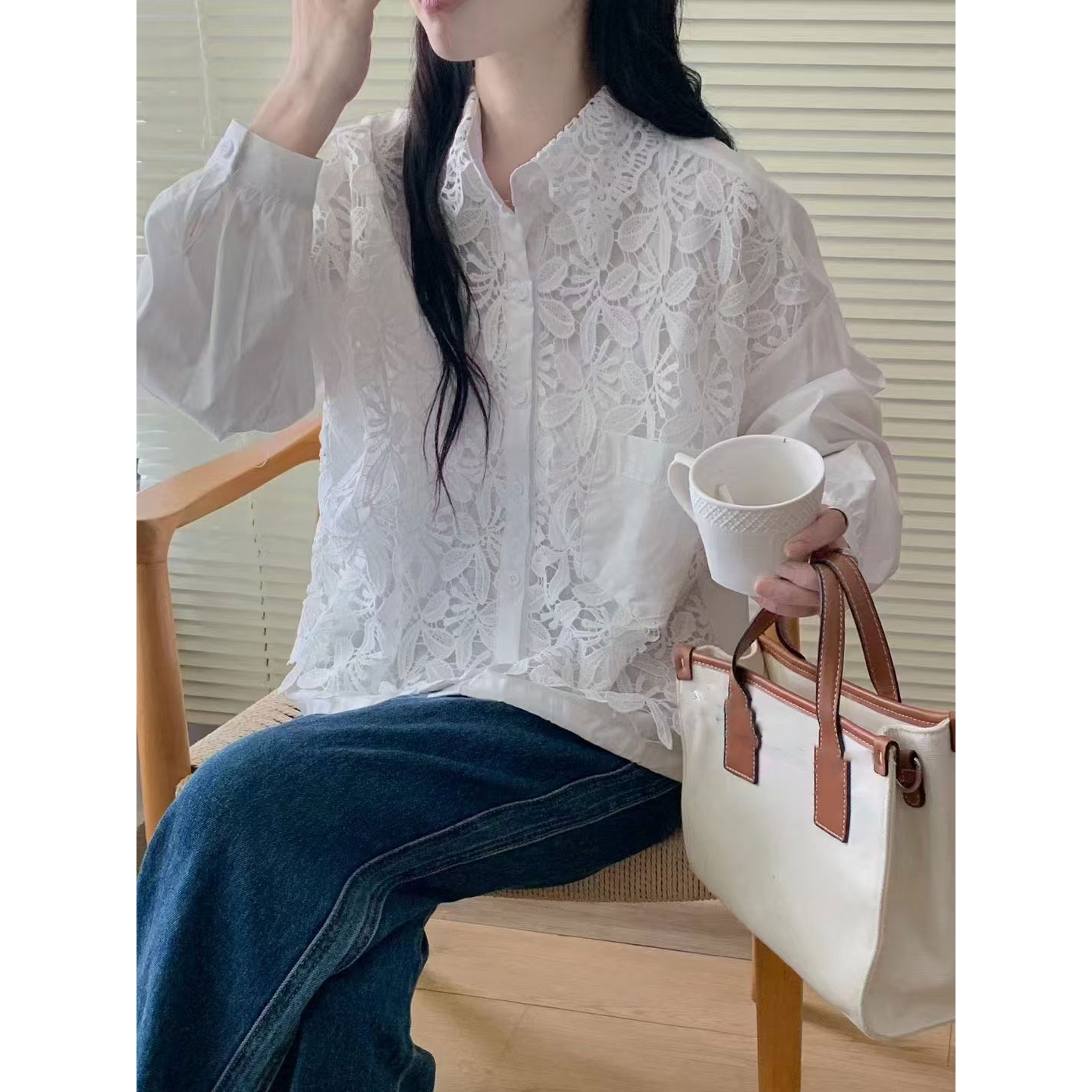 现货钩花蕾丝假两件拼接抽绳女装翻领衬衫减龄设计感长袖宽松上衣