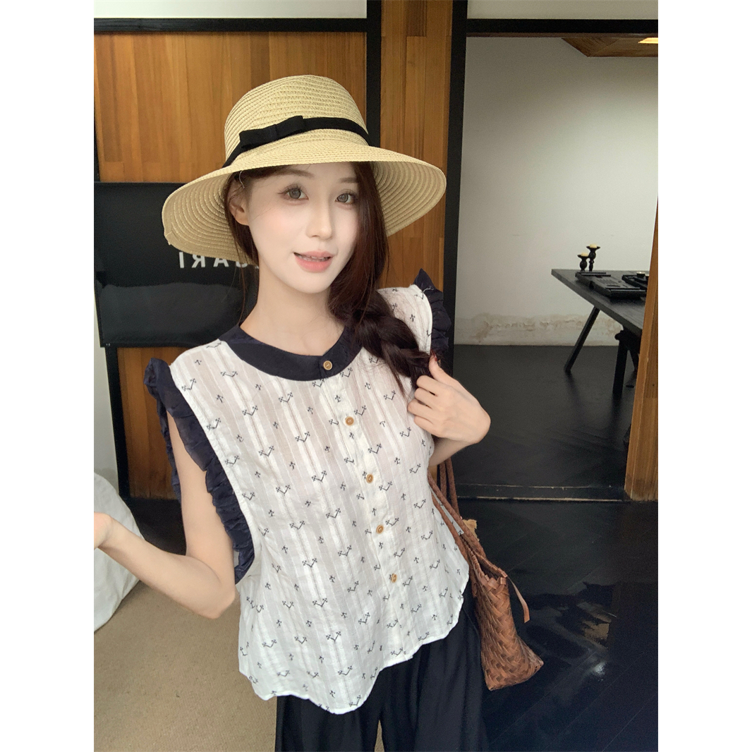 夏季新款拼色圆领刺绣木耳边无袖衬衫上衣+休闲西装阔腿长裤