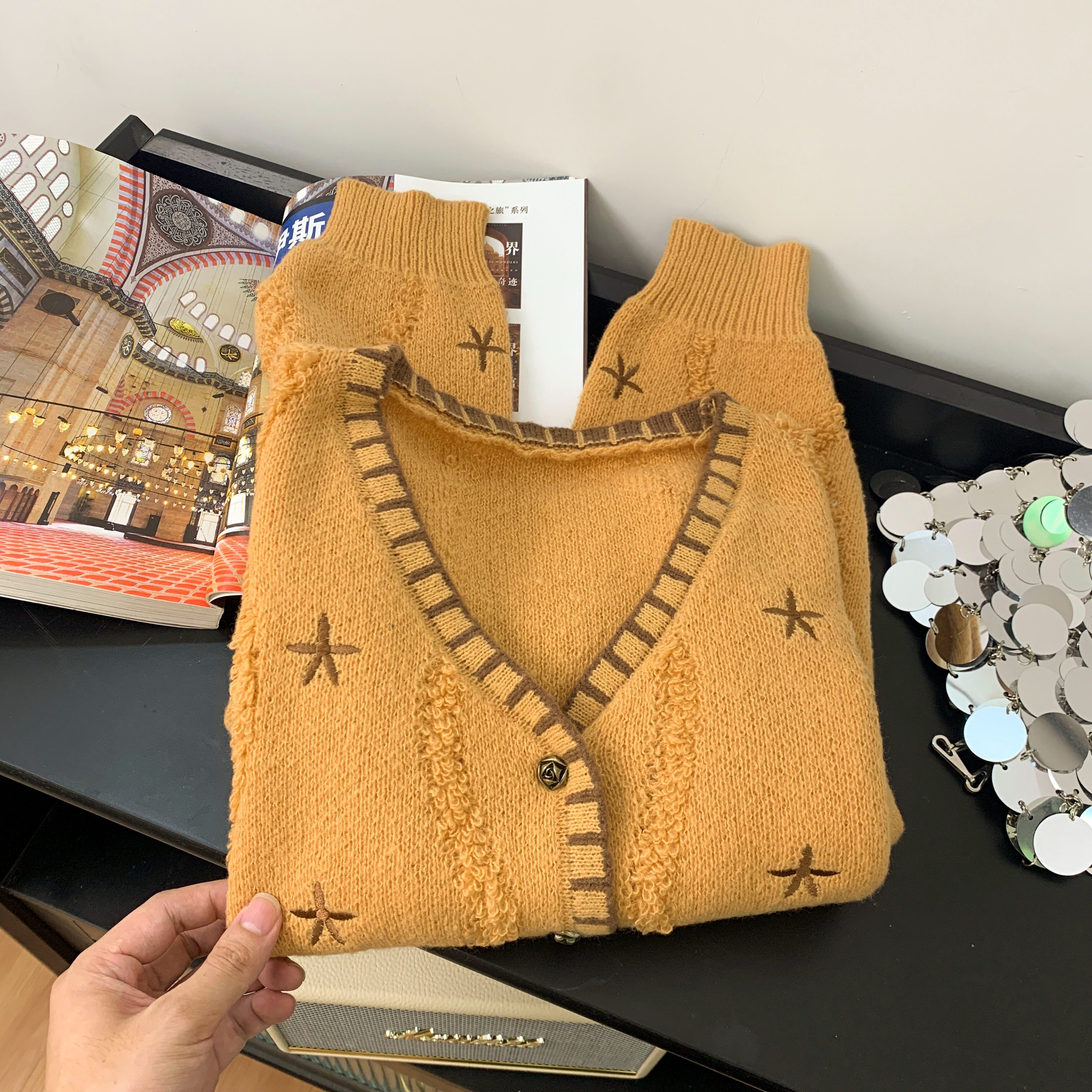 港味复古chic小香风法式慵懒风设计感欧货高端橘色毛衣针织衫上衣