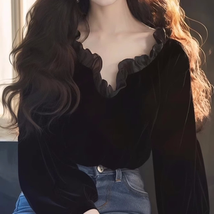 法式赫本风黑色丝绒上衣女2025早秋新款绝美公主风独特超好看衬衫