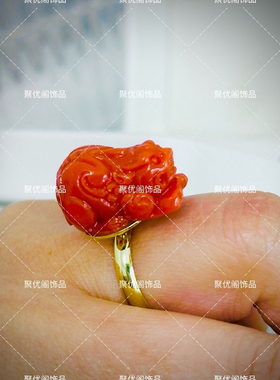简约爆款招财进宝貔貅开口戒指满肉柿子红色系貔貅尺寸20*13mm