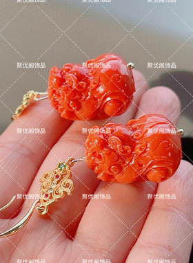 南红玛瑙色满红满肉女款立体招财进宝貔貅耳钩耳饰耳环耳坠