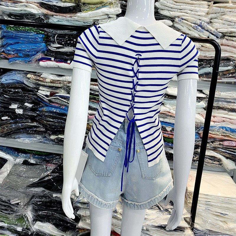 地球店海军风条纹绑带冰丝上衣女