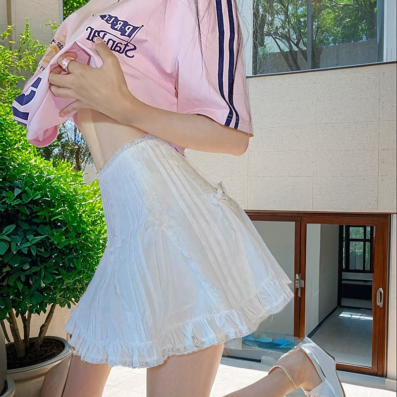 地球店甜美白色蕾丝花边拼接设计百褶裙女高腰显瘦防走光a字短裙