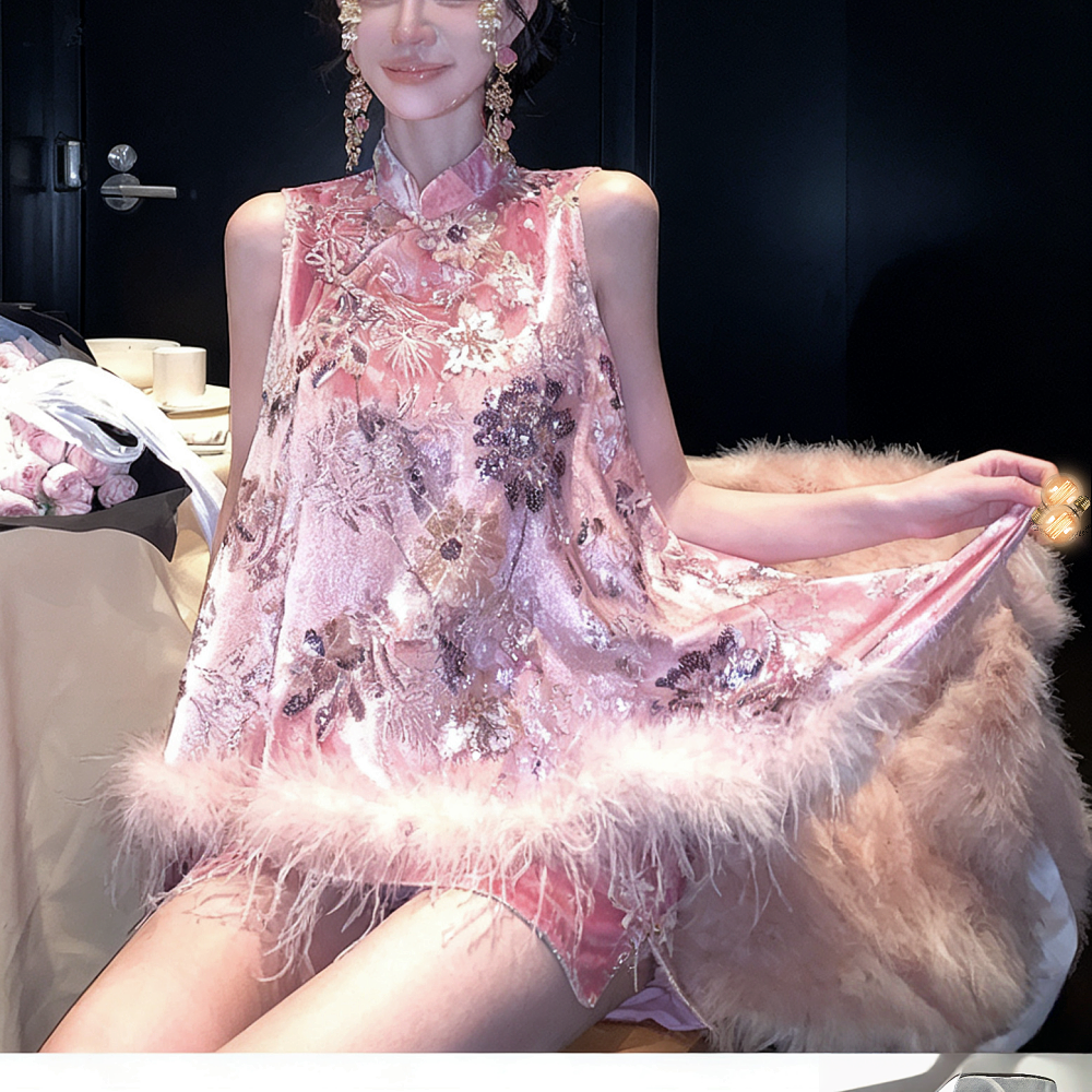 地球店新中式丝绒马甲+短裙套装