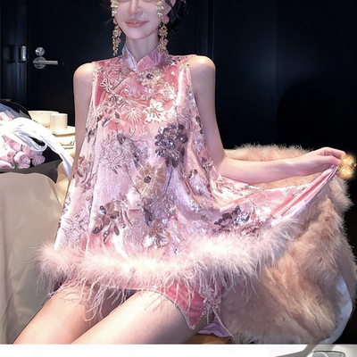 地球店新中式丝绒马甲+短裙套装