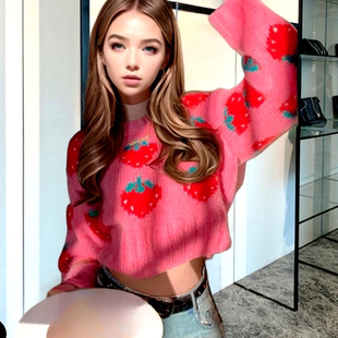 地球店慵懒风多巴胺草莓粉色羊毛毛衣女秋宽松显瘦百搭针织衫上衣